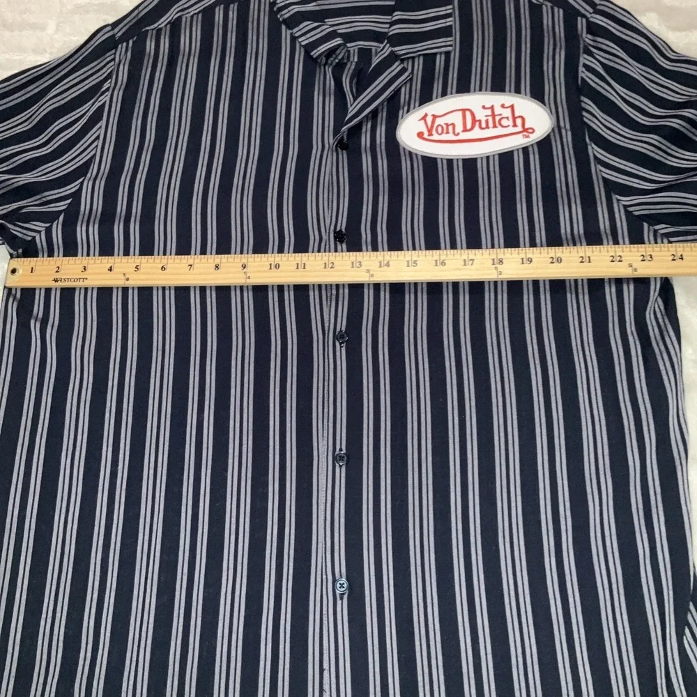 Von Dutch Men's Striped Button Up Shirt‎ Blue Gray Logo Patch Y2K Style Casual